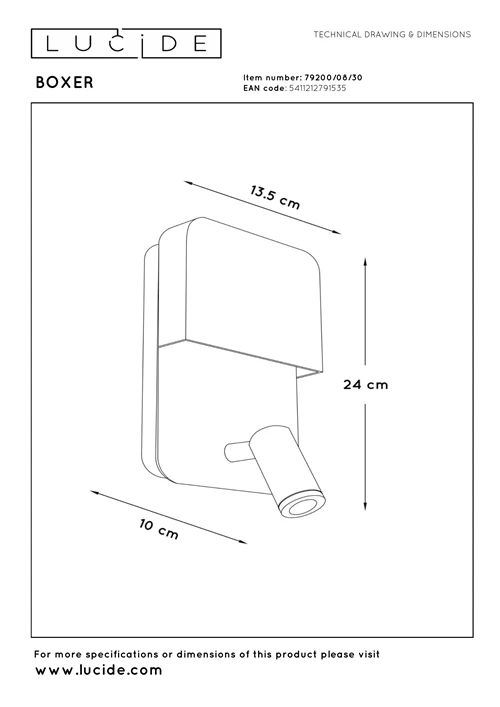 Lucide BOXER - Bedside lamp / Wall light - LED - 3000K - With USB charging point - Black - technical